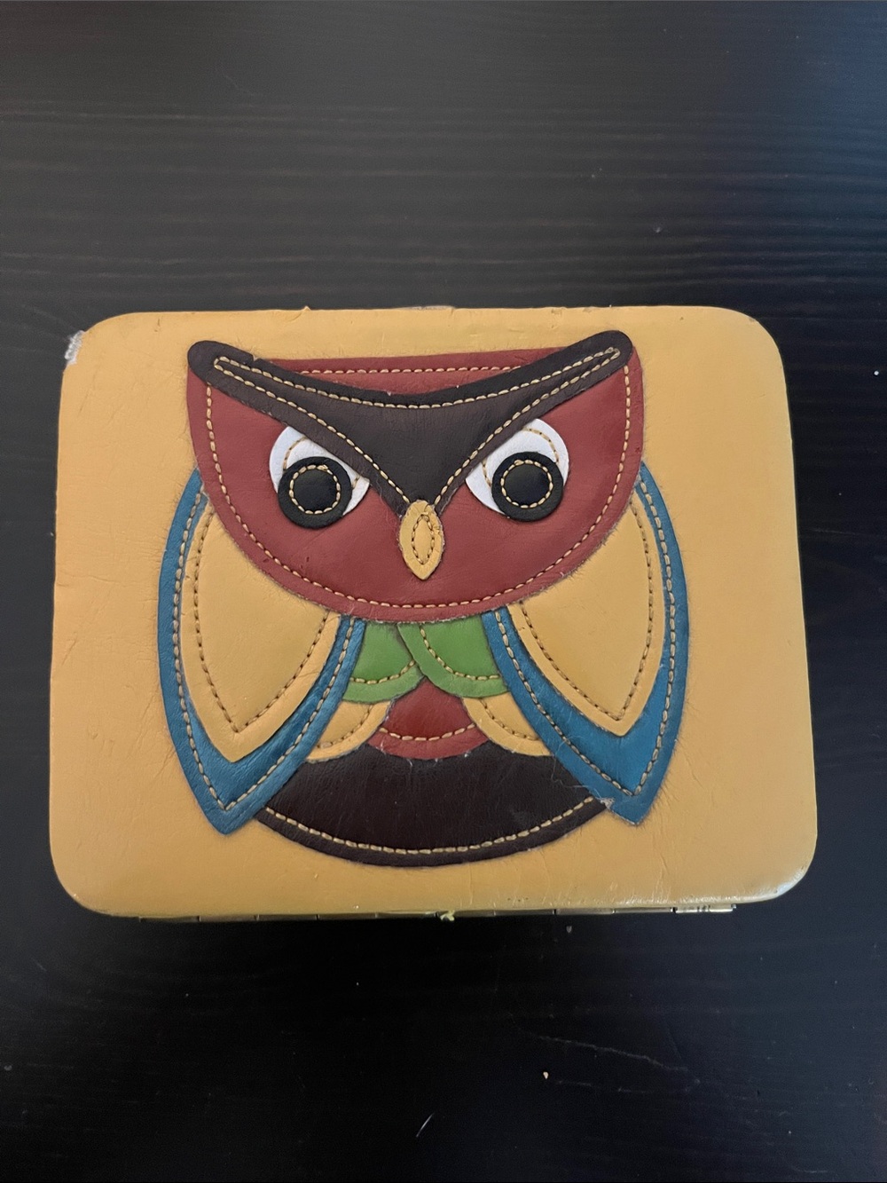 Vintage Yellow Owl Leather Clutch/small wallet with Multicolor Applique